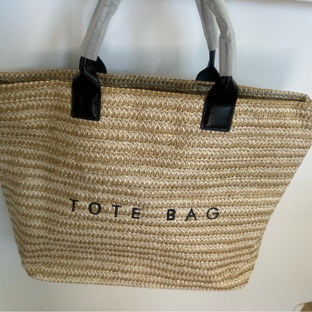 Woven Straw Tote Bag with Black Handles - Picture 3 of 6